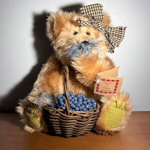 Vintage Heart and Home Primitives Plush Bear with Basket - Tan and Blue